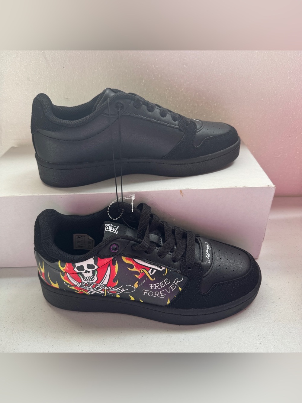 Ed Hardy Black Kids Sneakers with Flame Skull Graphic